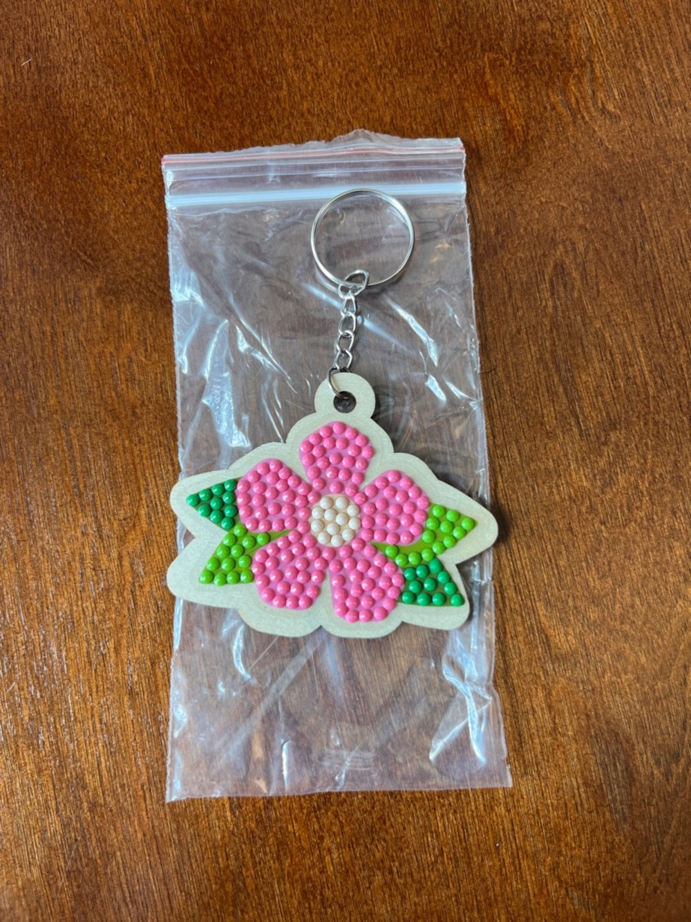 Pink and Green Flower Beaded Keychain
